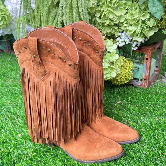 Women's Brown Cow Girl Block Heel Calf High Faux Suede Western Boots Shoes - Picture 9 of 9